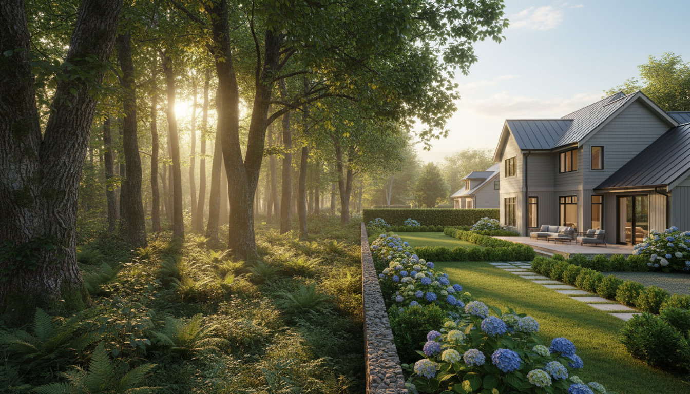 A tranquil, healthy forest edge bordering a well-maintained home