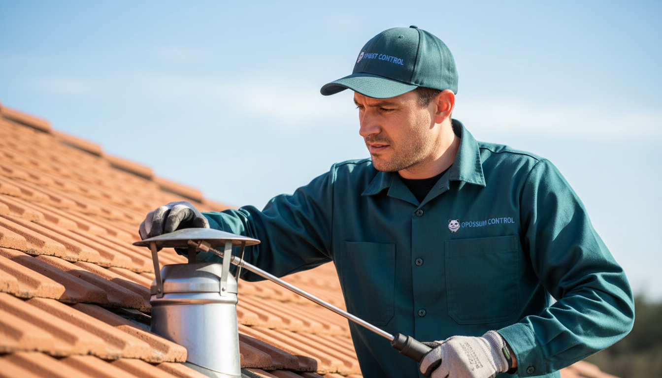 A professional wildlife control technician on a residential rooftop carefully inspecting